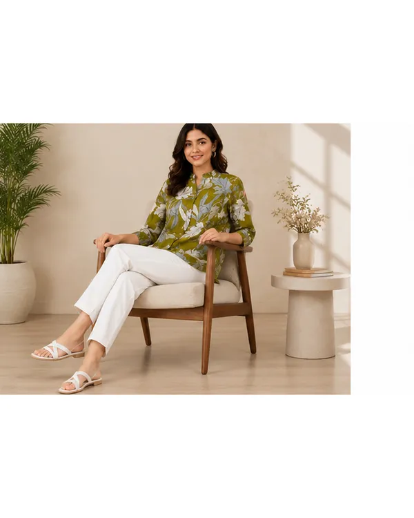 Women_Ladies_Olive_Green_Floral_Printed_Polyester_Top,_3/4_Sleeve_Collared_Western_Wear_Top