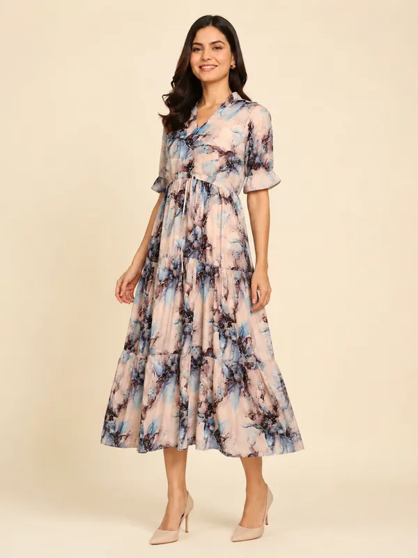Women_Ladies_Peach_Blue_Printed_Delta_Midi_Dress,_Western_Wear_Fit_and_Flare_A-Line_Dress_with_Short_Ruffle_Sleeves