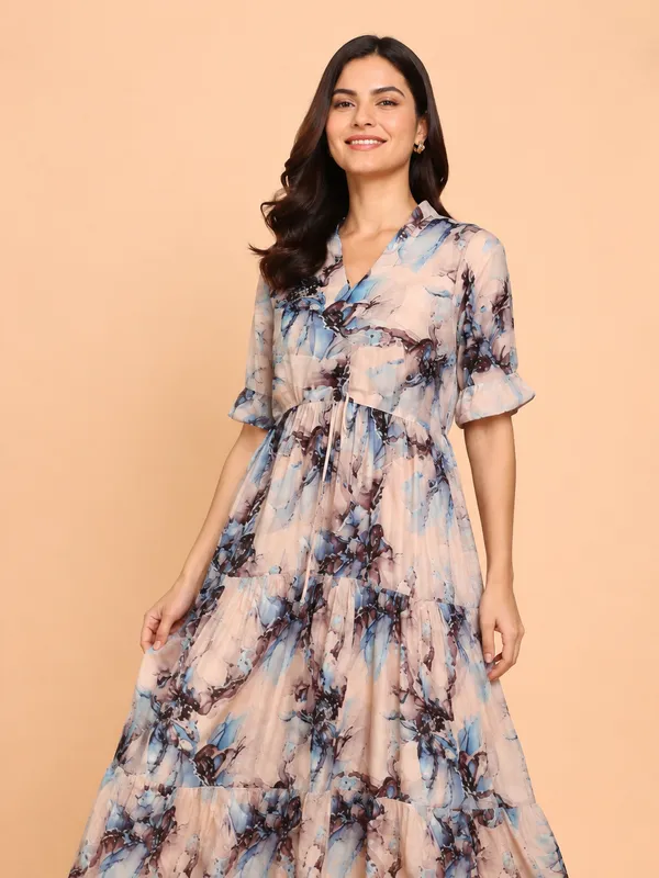 Women_Ladies_Peach_Blue_Printed_Delta_Midi_Dress,_Western_Wear_Fit_and_Flare_A-Line_Dress_with_Short_Ruffle_Sleeves