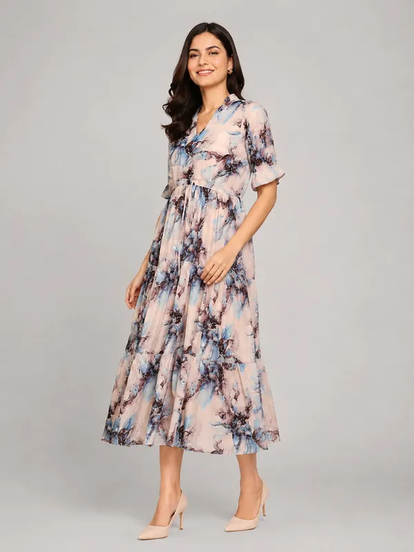Women_Ladies_Peach_Blue_Printed_Delta_Midi_Dress,_Western_Wear_Fit_and_Flare_A-Line_Dress_with_Short_Ruffle_Sleeves