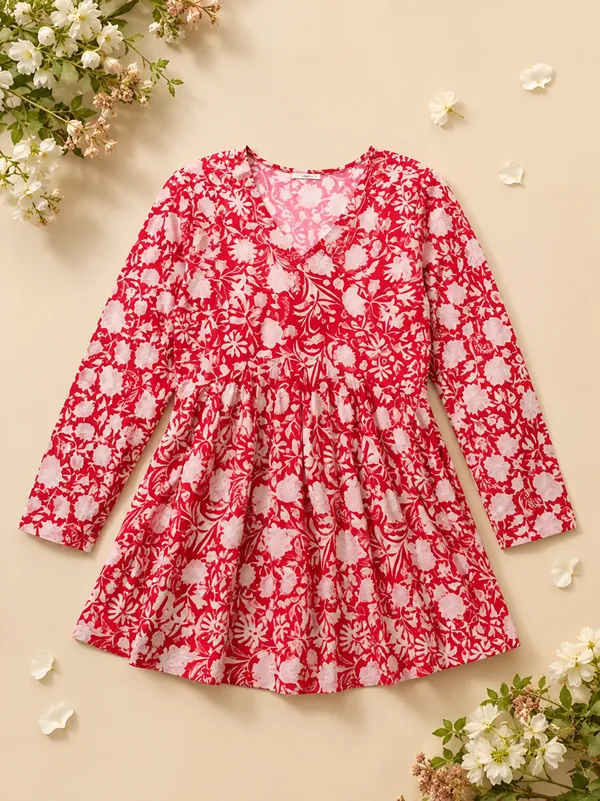 Women_Ladies_Red_Cotton_Printed_Fancy_Flared_Short_Kurti_Tunic,_V-Neck_Full_Sleeve_Ethnic_Top