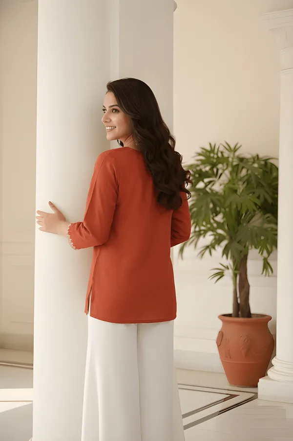 Women_Ladies_Rust_Orange_Roman_Silk_Embroidered_Fancy_Top,_Round_Neck_3/4_Sleeve_Western_Wear_Top