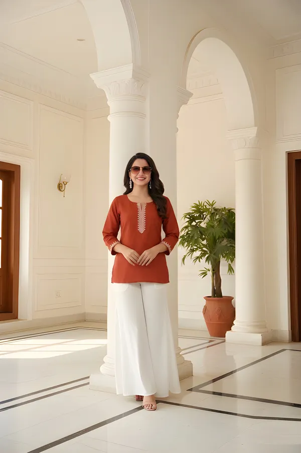 Women_Ladies_Rust_Orange_Roman_Silk_Embroidered_Fancy_Top,_Round_Neck_3/4_Sleeve_Western_Wear_Top