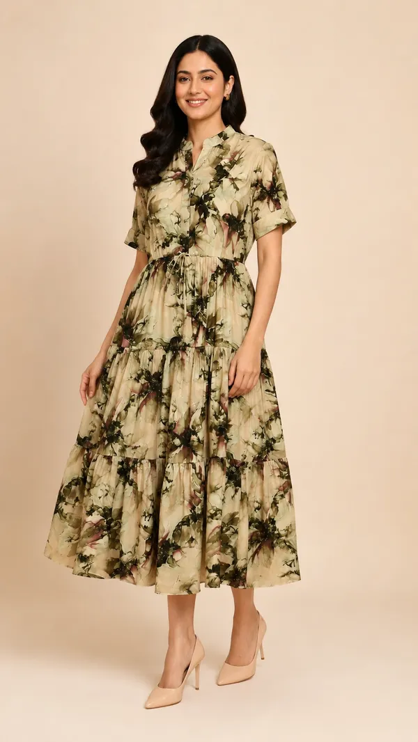 Women_Ladies_Sage_Green_Printed_Delta_Midi_Dress,_Western_Wear_Fit_and_Flare_A-Line_Dress_with_Short_Ruffle_Sleeves