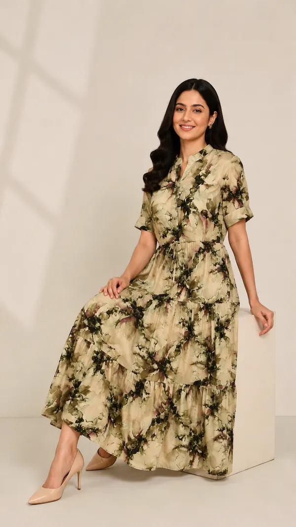 Women_Ladies_Sage_Green_Printed_Delta_Midi_Dress,_Western_Wear_Fit_and_Flare_A-Line_Dress_with_Short_Ruffle_Sleeves