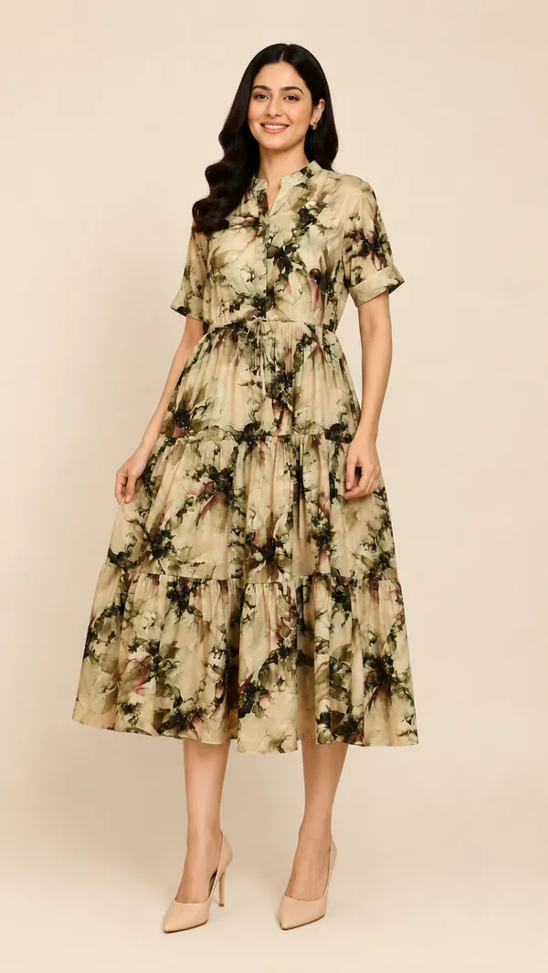 Women_Ladies_Sage_Green_Printed_Delta_Midi_Dress,_Western_Wear_Fit_and_Flare_A-Line_Dress_with_Short_Ruffle_Sleeves