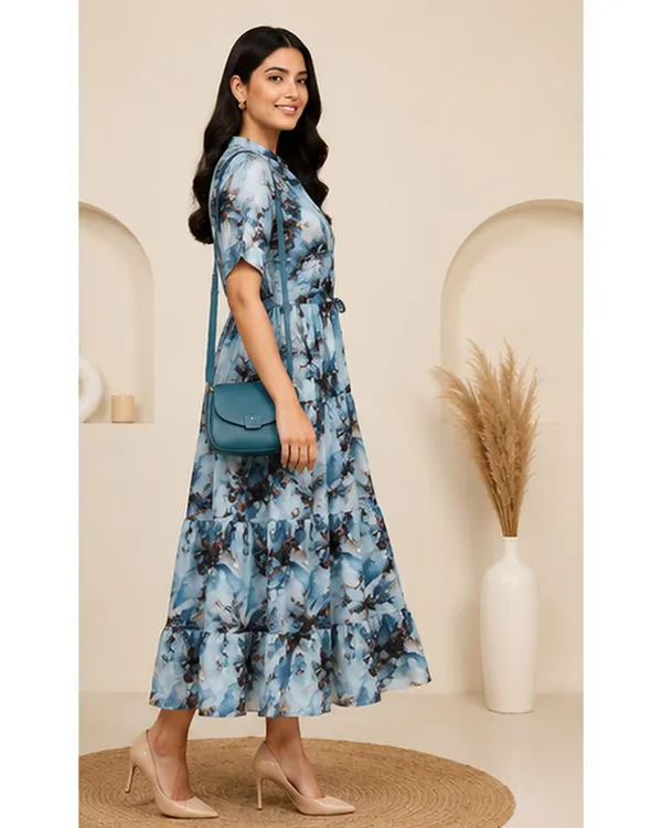 Women_Ladies_Sky_Blue_Printed_Delta_Midi_Dress,_Western_Wear_Fit_and_Flare_A-Line_Dress_with_Short_Ruffle_Sleeves