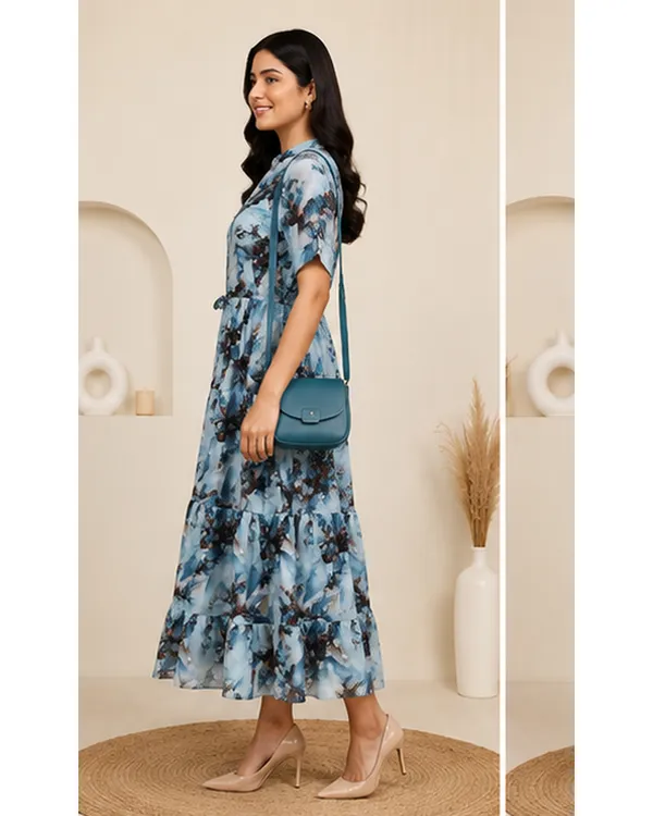 Women_Ladies_Sky_Blue_Printed_Delta_Midi_Dress,_Western_Wear_Fit_and_Flare_A-Line_Dress_with_Short_Ruffle_Sleeves