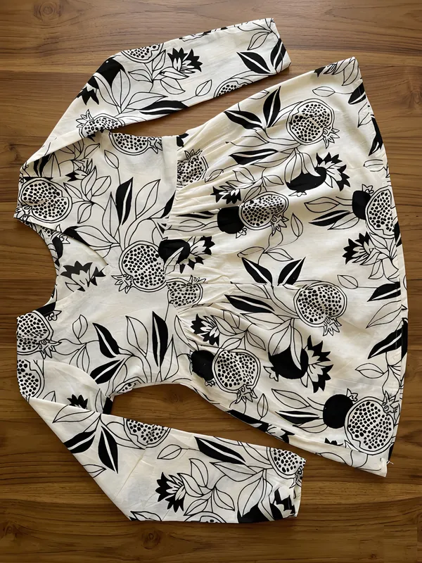 Women_Ladies_White_Black_Cotton_Printed_Fancy_Flared_Short_Kurti_Tunic,_V-Neck_Full_Sleeve_Top
