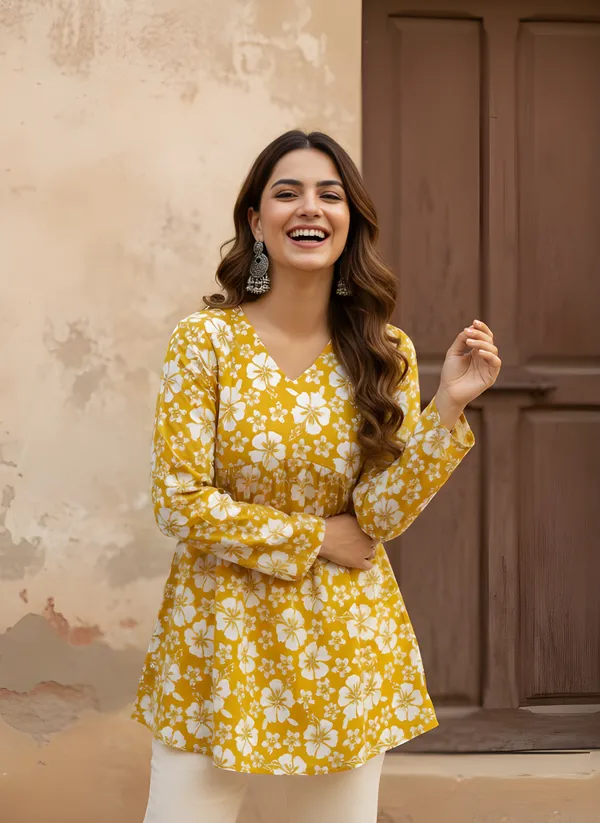 Women_Ladies_White_Cotton_Printed_Fancy_Flared_Short_Kurti_Tunic,_V-Neck_Full_Sleeve_Top