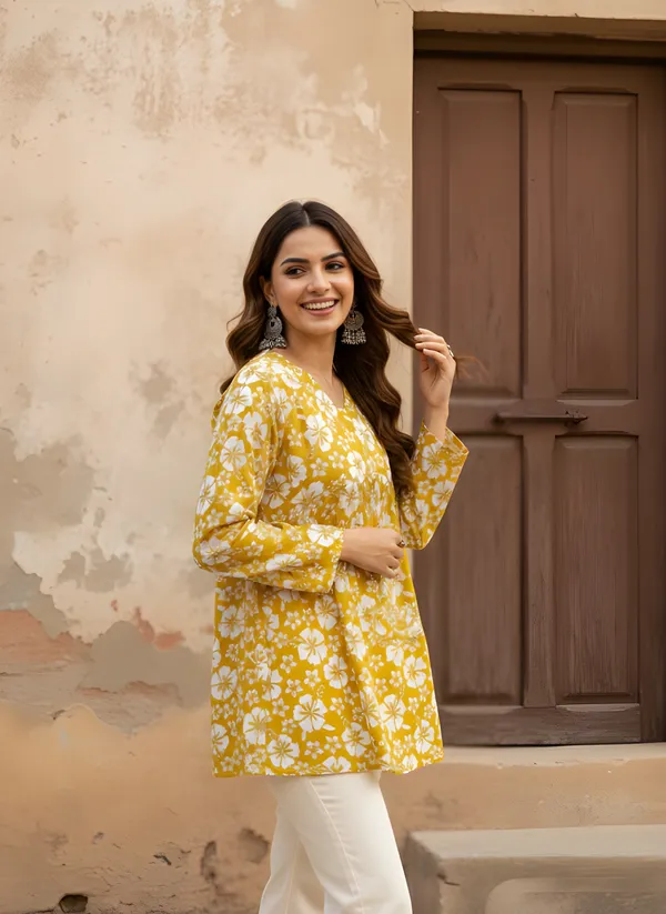 Women_Ladies_White_Cotton_Printed_Fancy_Flared_Short_Kurti_Tunic,_V-Neck_Full_Sleeve_Top