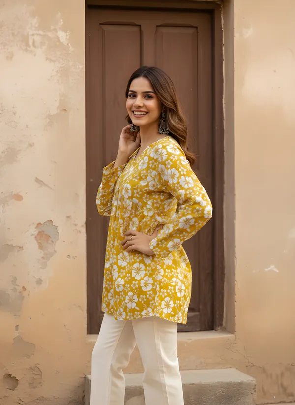 Women_Ladies_White_Cotton_Printed_Fancy_Flared_Short_Kurti_Tunic,_V-Neck_Full_Sleeve_Top