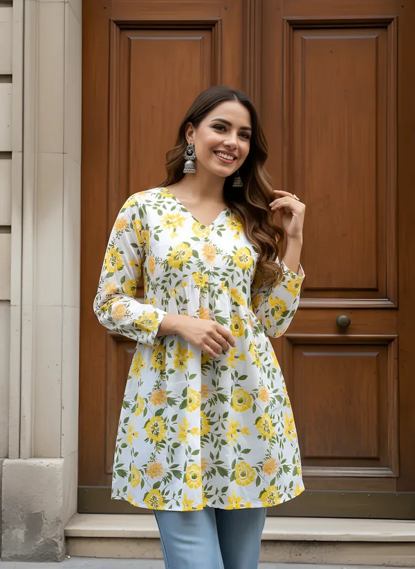 Women_Ladies_Yellow_White_Cotton_Printed_Fancy_Flared_Short_Kurti_Tunic,_V-Neck_Full_Sleeve_Top