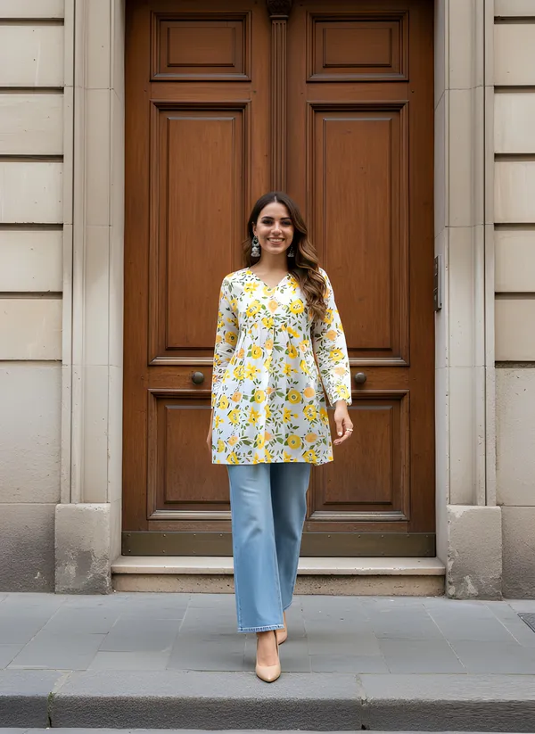 Women_Ladies_Yellow_White_Cotton_Printed_Fancy_Flared_Short_Kurti_Tunic,_V-Neck_Full_Sleeve_Top
