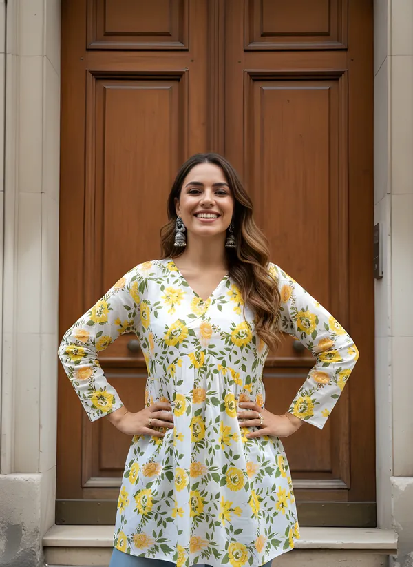Women_Ladies_Yellow_White_Cotton_Printed_Fancy_Flared_Short_Kurti_Tunic,_V-Neck_Full_Sleeve_Top