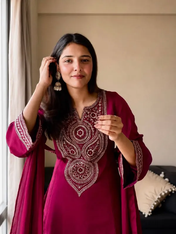 Maroon_Vichitra_Silk_Kurta_Set_For_Women