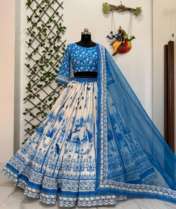 Blue_&_White_Heavy_Muslin_Cotton_Lehenga_Choli_For_Women