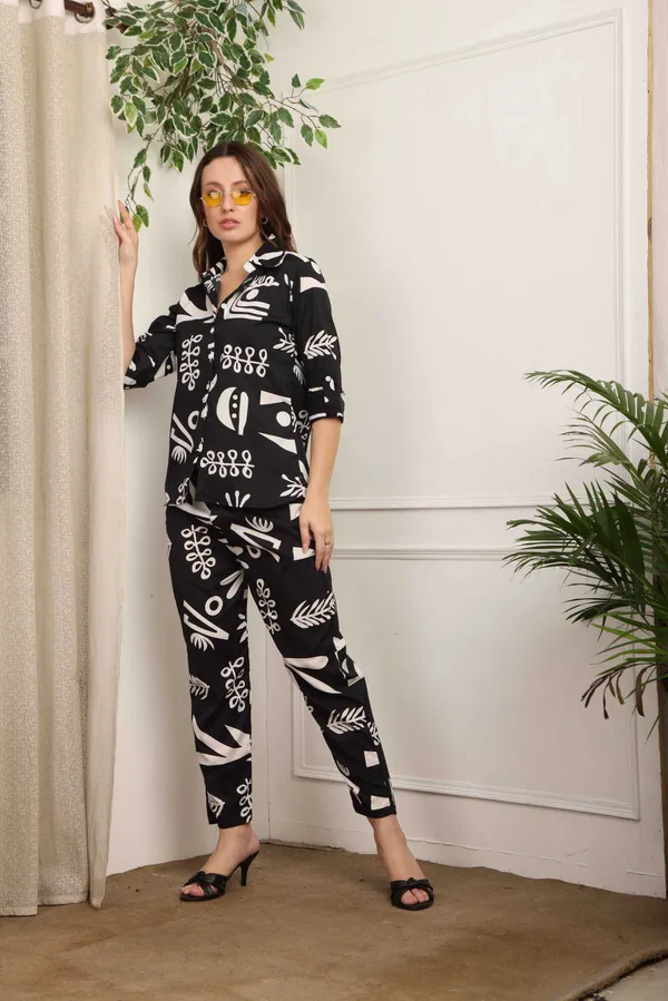 Women_Ladies_Black_White_Printed_Shirt_Co-ord_Set_with_Pant,_3/4_Sleeve_Polyester_Casual_Party_Wear