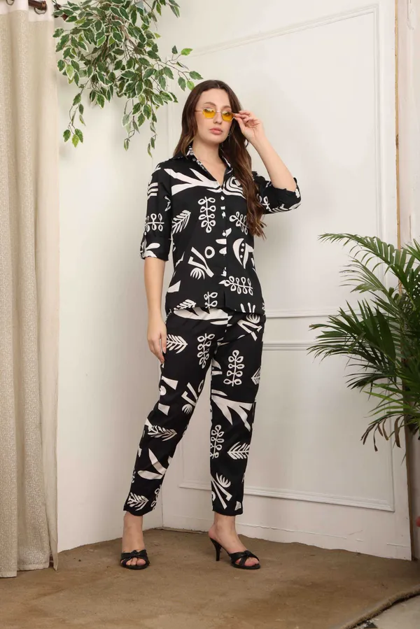 Women_Ladies_Black_White_Printed_Shirt_Co-ord_Set_with_Pant,_3/4_Sleeve_Polyester_Casual_Party_Wear