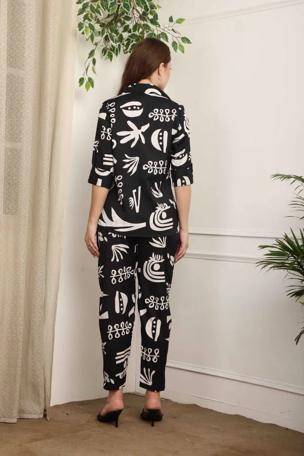 Women_Ladies_Black_White_Printed_Shirt_Co-ord_Set_with_Pant,_3/4_Sleeve_Polyester_Casual_Party_Wear