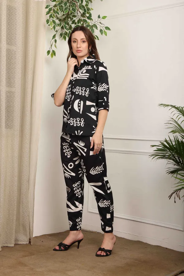 Women_Ladies_Black_White_Printed_Shirt_Co-ord_Set_with_Pant,_3/4_Sleeve_Polyester_Casual_Party_Wear
