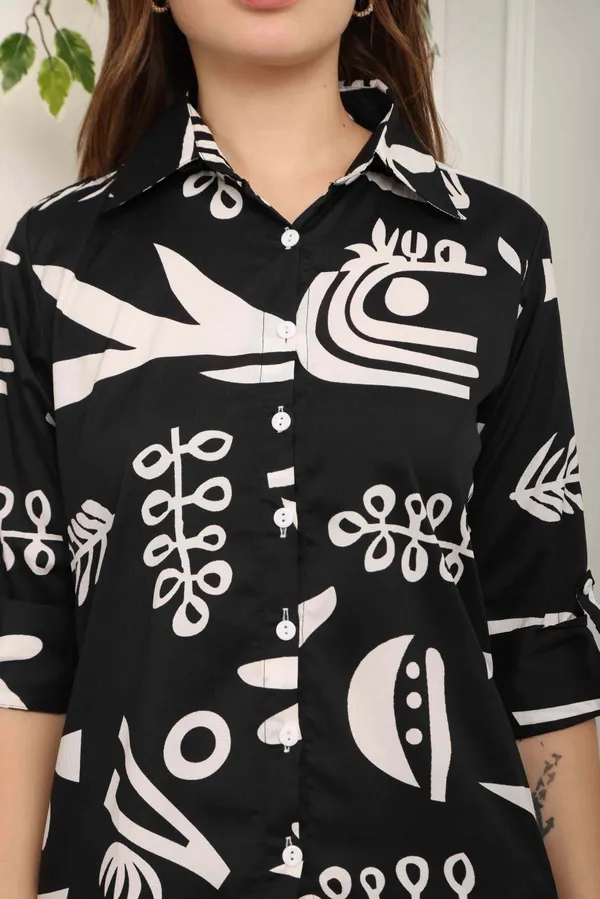 Women_Ladies_Black_White_Printed_Shirt_Co-ord_Set_with_Pant,_3/4_Sleeve_Polyester_Casual_Party_Wear