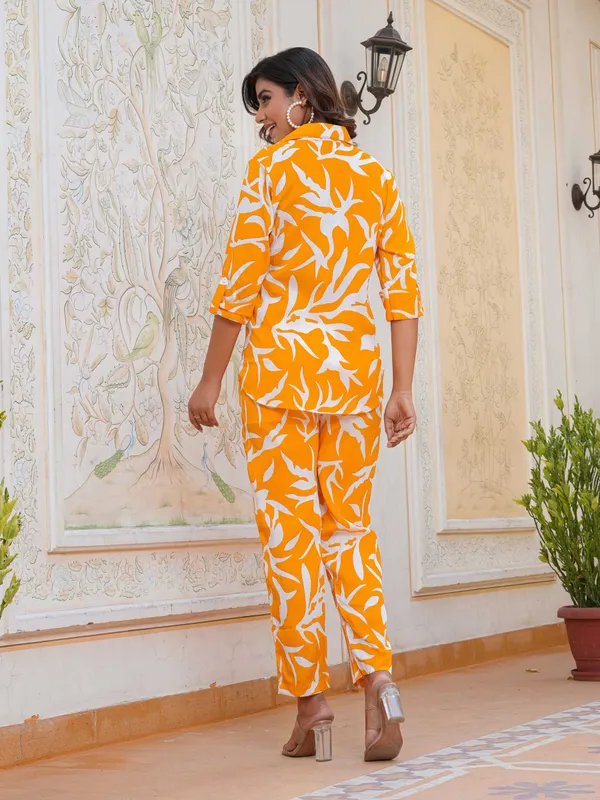 Women_Ladies_Orange_White_Printed_Shirt_Co-ord_Set_with_Pant,_3/4_Sleeve_Polyester_Casual_Party_Wear