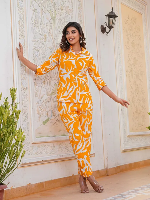 Women_Ladies_Orange_White_Printed_Shirt_Co-ord_Set_with_Pant,_3/4_Sleeve_Polyester_Casual_Party_Wear