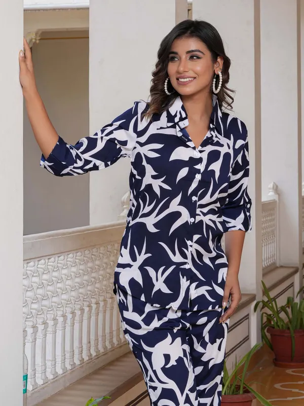 Women_Ladies_Navy_Blue_White_Printed_Shirt_Co-ord_Set_with_Pant,_3/4_Sleeve_Polyester_Casual_Party_Wear