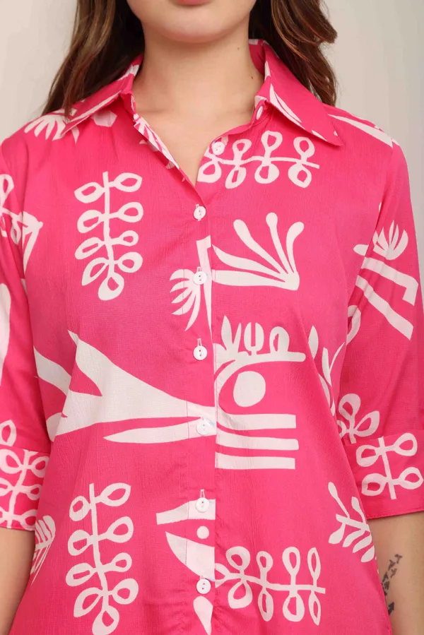 Women_Ladies_Hot_Pink_White_Printed_Shirt_Co-ord_Set_with_Pant,_3/4_Sleeve_Polyester_Casual_Party_Wear
