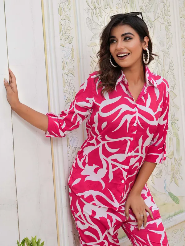 Women_Ladies_Hot_Pink_White_Printed_Shirt_Co-ord_Set_with_Pant,_3/4_Sleeve_Polyester_Casual_Party_Wear