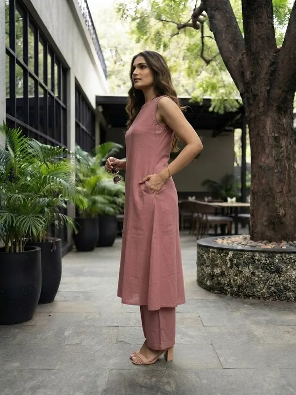 Peach_Soft_Cotton_Solid_Kurta_Palazzo_Set