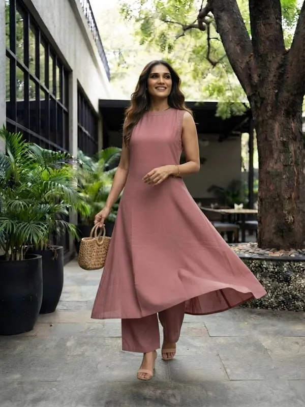 Peach_Soft_Cotton_Solid_Kurta_Palazzo_Set