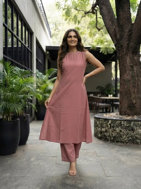 Peach_Soft_Cotton_Solid_Kurta_Palazzo_Set