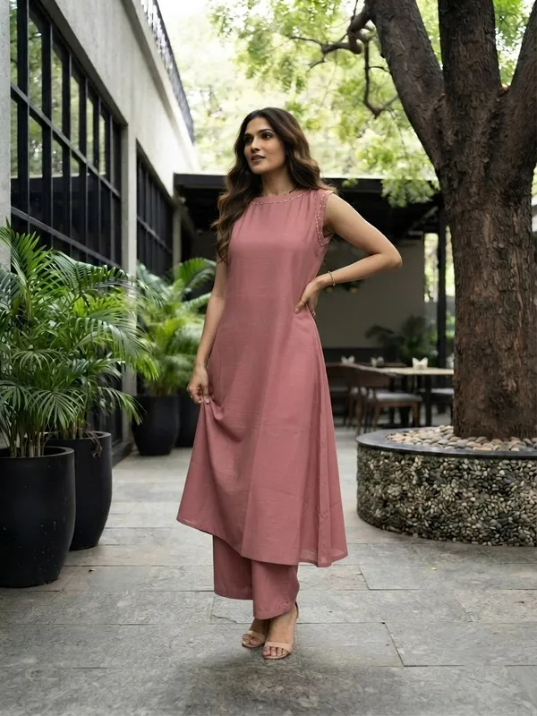 Peach_Soft_Cotton_Solid_Kurta_Palazzo_Set