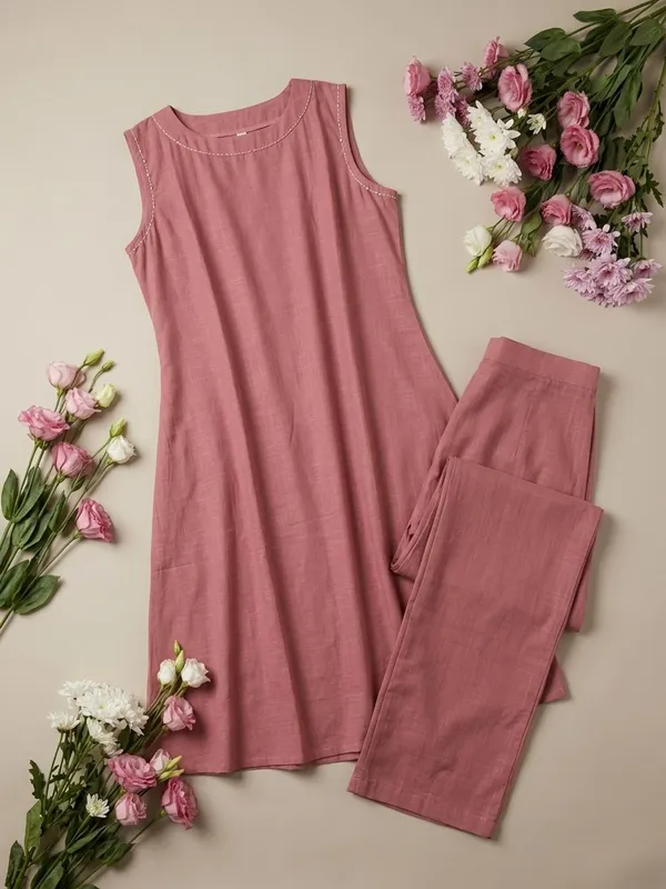 Peach_Soft_Cotton_Solid_Kurta_Palazzo_Set