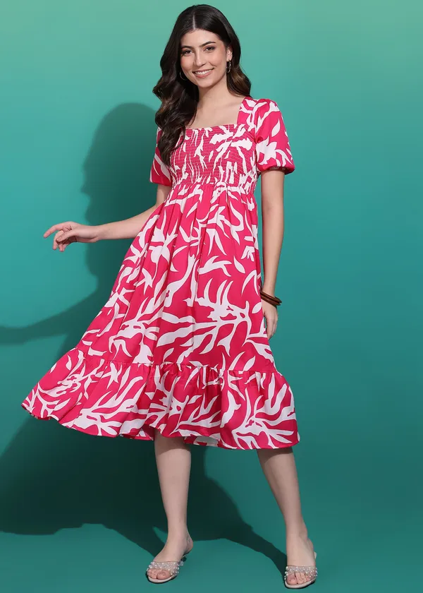 Women_Ladies_Pink_Printed_Midi_Dress,_Western_Wear_Fit_and_Flare_A-Line_Dress_with_Puff_Sleeves