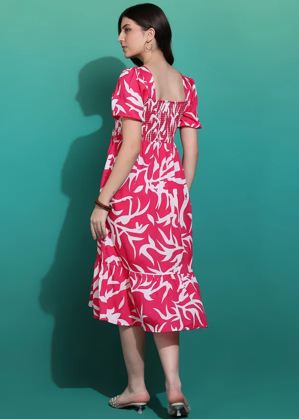 Women_Ladies_Pink_Printed_Midi_Dress,_Western_Wear_Fit_and_Flare_A-Line_Dress_with_Puff_Sleeves
