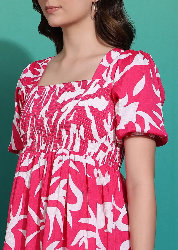 Women_Ladies_Pink_Printed_Midi_Dress,_Western_Wear_Fit_and_Flare_A-Line_Dress_with_Puff_Sleeves