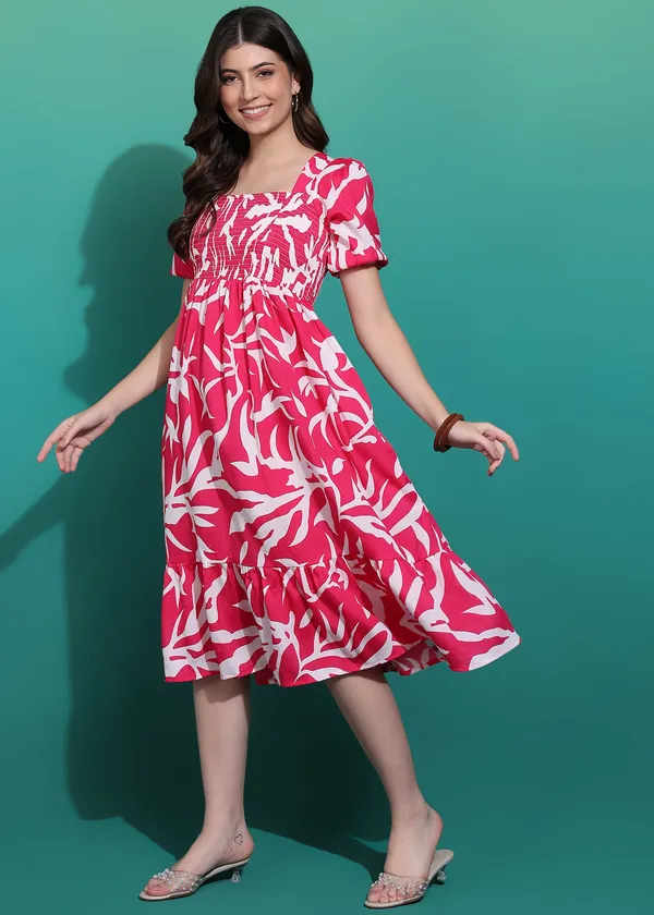 Women_Ladies_Pink_Printed_Midi_Dress,_Western_Wear_Fit_and_Flare_A-Line_Dress_with_Puff_Sleeves