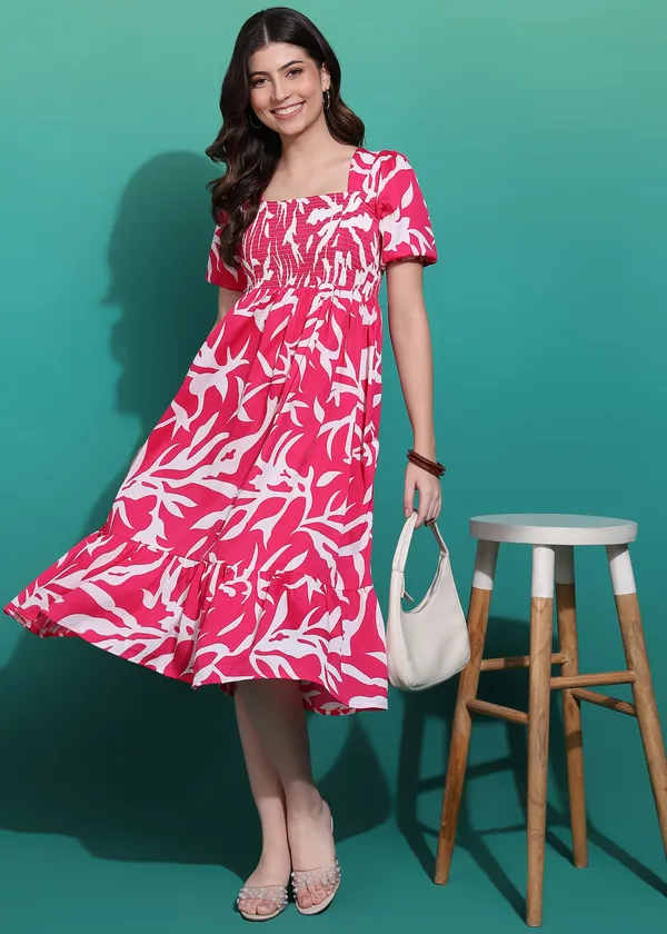 Women_Ladies_Pink_Printed_Midi_Dress,_Western_Wear_Fit_and_Flare_A-Line_Dress_with_Puff_Sleeves