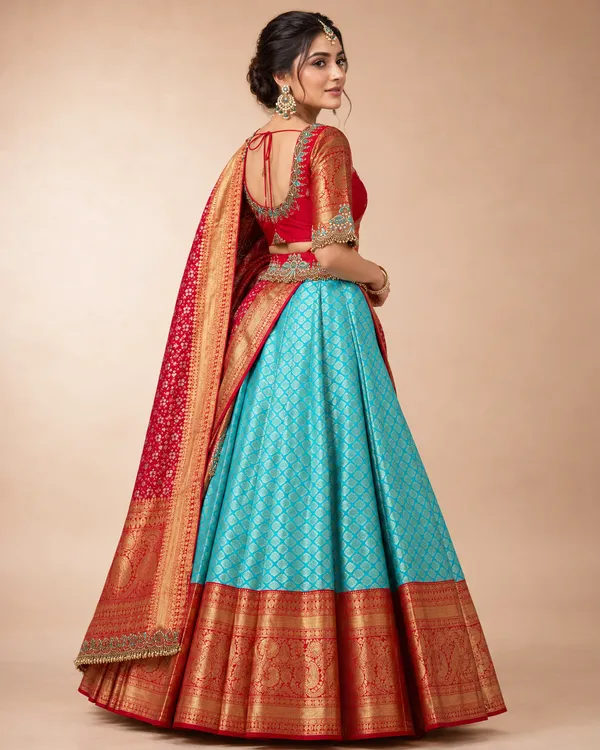 Women_Ladies_Kanjivaram_Silk_Half_Saree_Lehenga_Choli_Set_with_Banarasi_Silk_Zari_Dupatta,_Unstitched_Ethnic_Wear