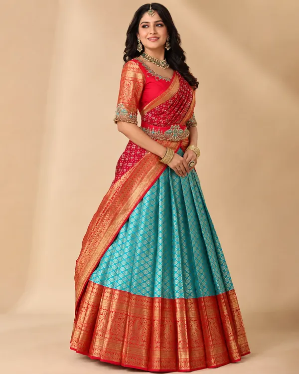 Women_Ladies_Kanjivaram_Silk_Half_Saree_Lehenga_Choli_Set_with_Banarasi_Silk_Zari_Dupatta,_Unstitched_Ethnic_Wear