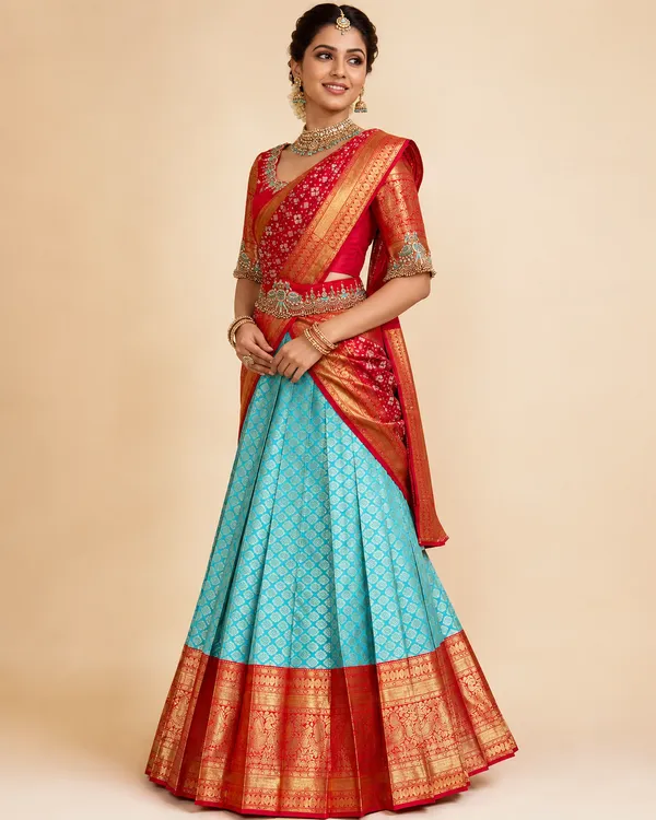 Women_Ladies_Kanjivaram_Silk_Half_Saree_Lehenga_Choli_Set_with_Banarasi_Silk_Zari_Dupatta,_Unstitched_Ethnic_Wear