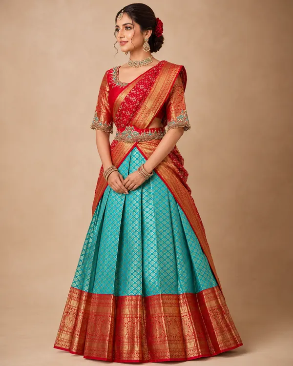 Women_Ladies_Kanjivaram_Silk_Half_Saree_Lehenga_Choli_Set_with_Banarasi_Silk_Zari_Dupatta,_Unstitched_Ethnic_Wear