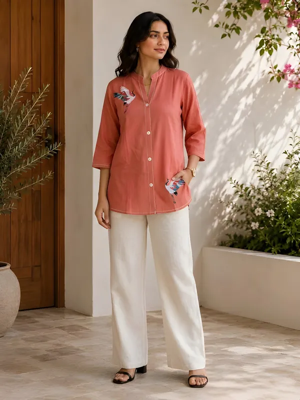 Women'S_Coral_Orange_Cotton_Flower_Printed_Shirt_&_Tunic