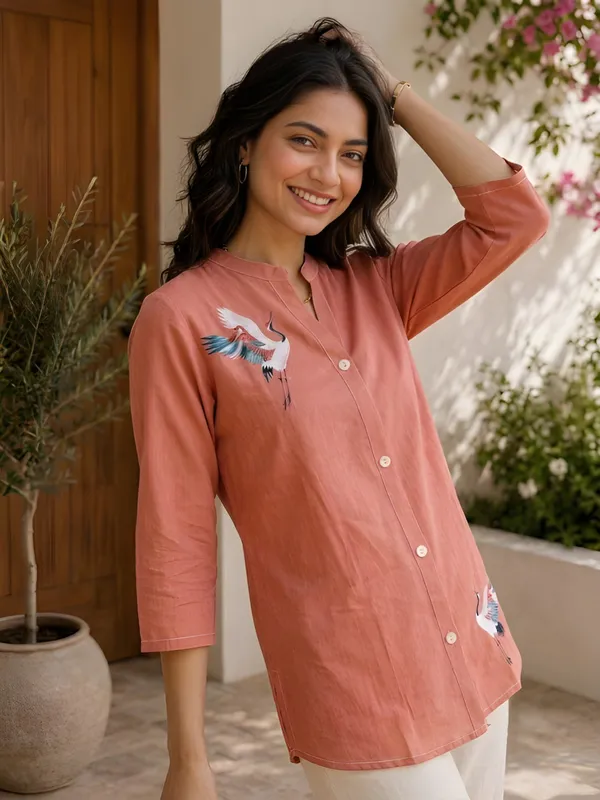 Women'S_Coral_Orange_Cotton_Flower_Printed_Shirt_&_Tunic