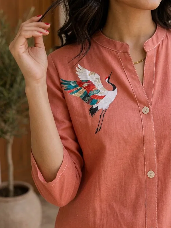Women'S_Coral_Orange_Cotton_Flower_Printed_Shirt_&_Tunic