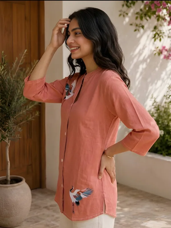 Women'S_Coral_Orange_Cotton_Flower_Printed_Shirt_&_Tunic