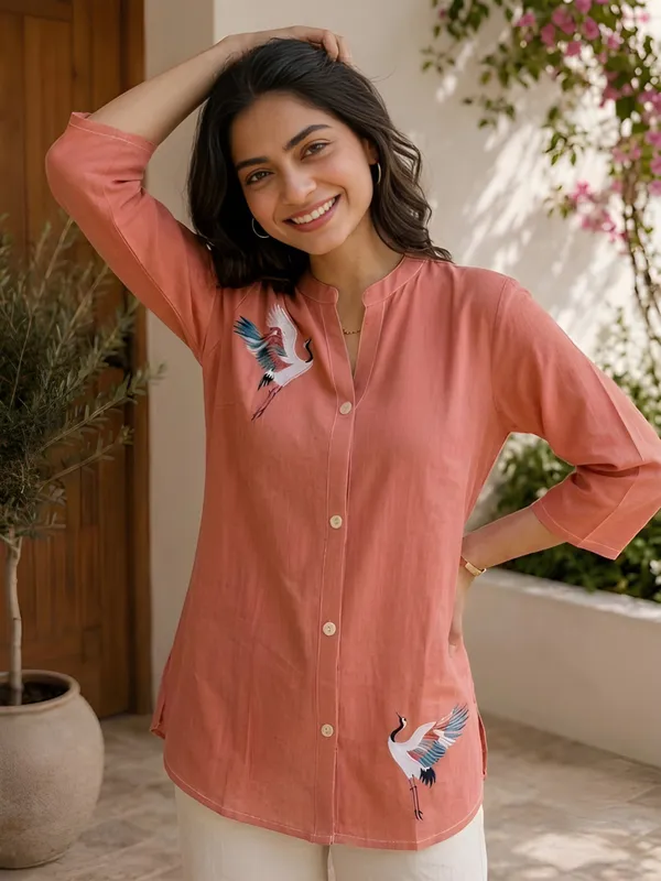 Women'S_Coral_Orange_Cotton_Flower_Printed_Shirt_&_Tunic